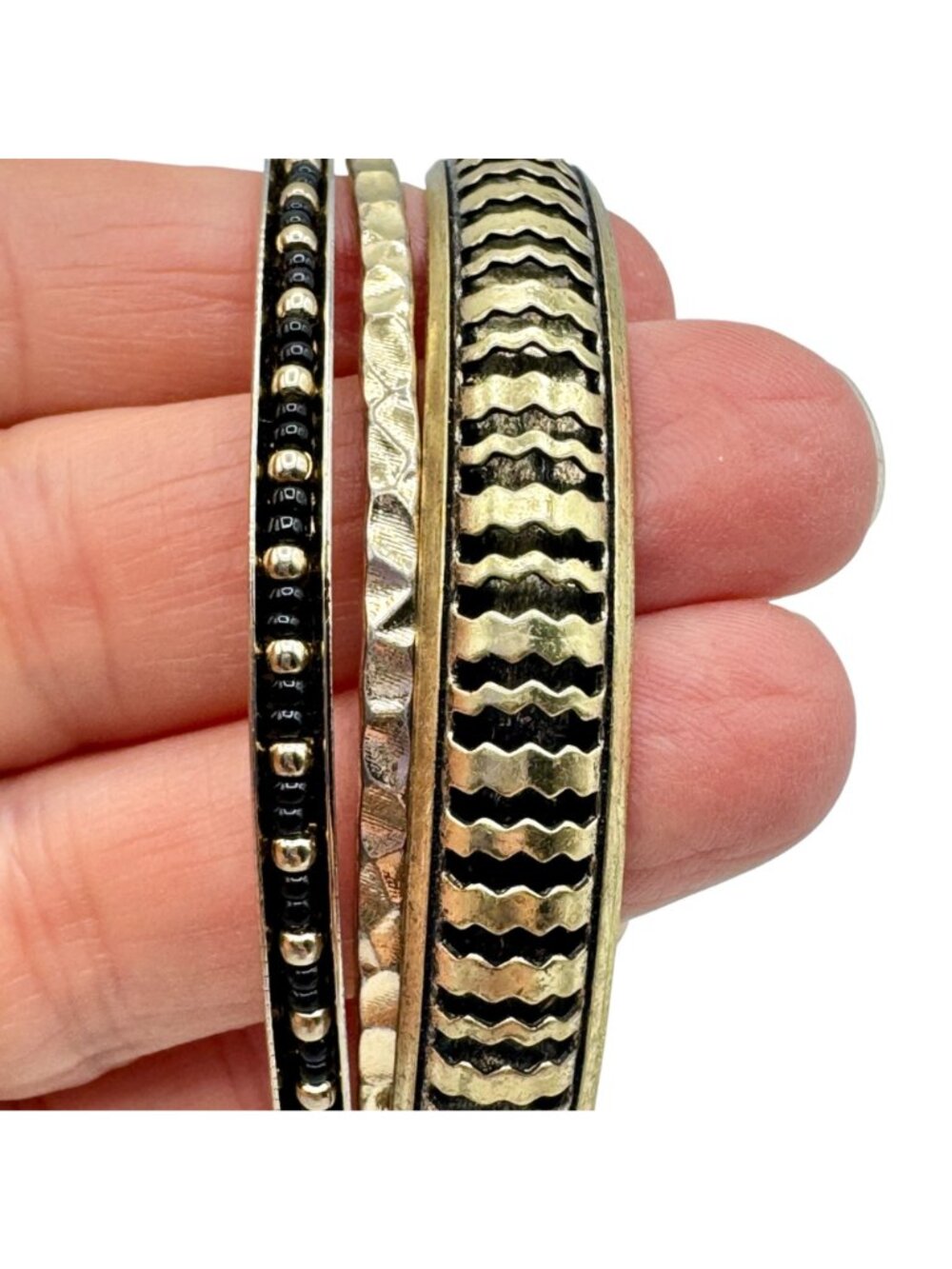 Chunky Brass & Metal Bracelet Stack of 4 - Cuff and Bangles BOHO Vintage - Picture 9 of 10